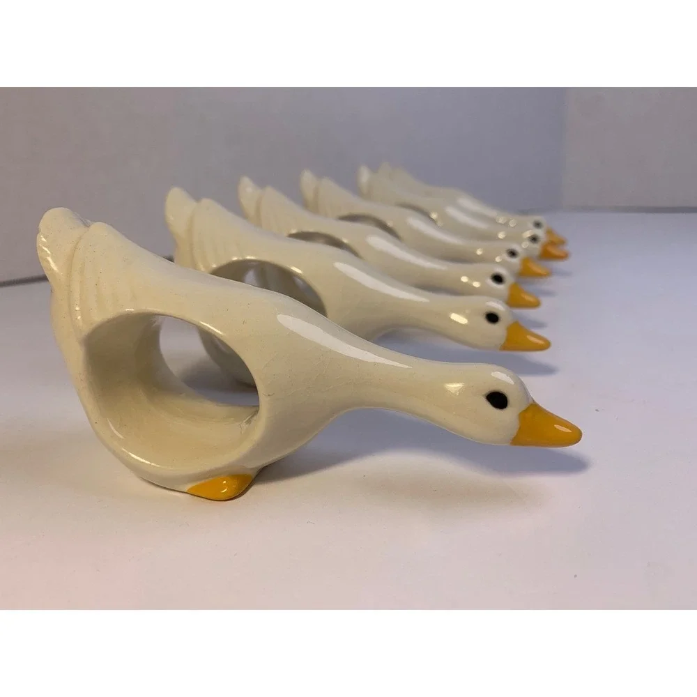 Vintage 80s Ceramic Goose Napkin Rings Set/6 White Farmhouse Country Cottagecore